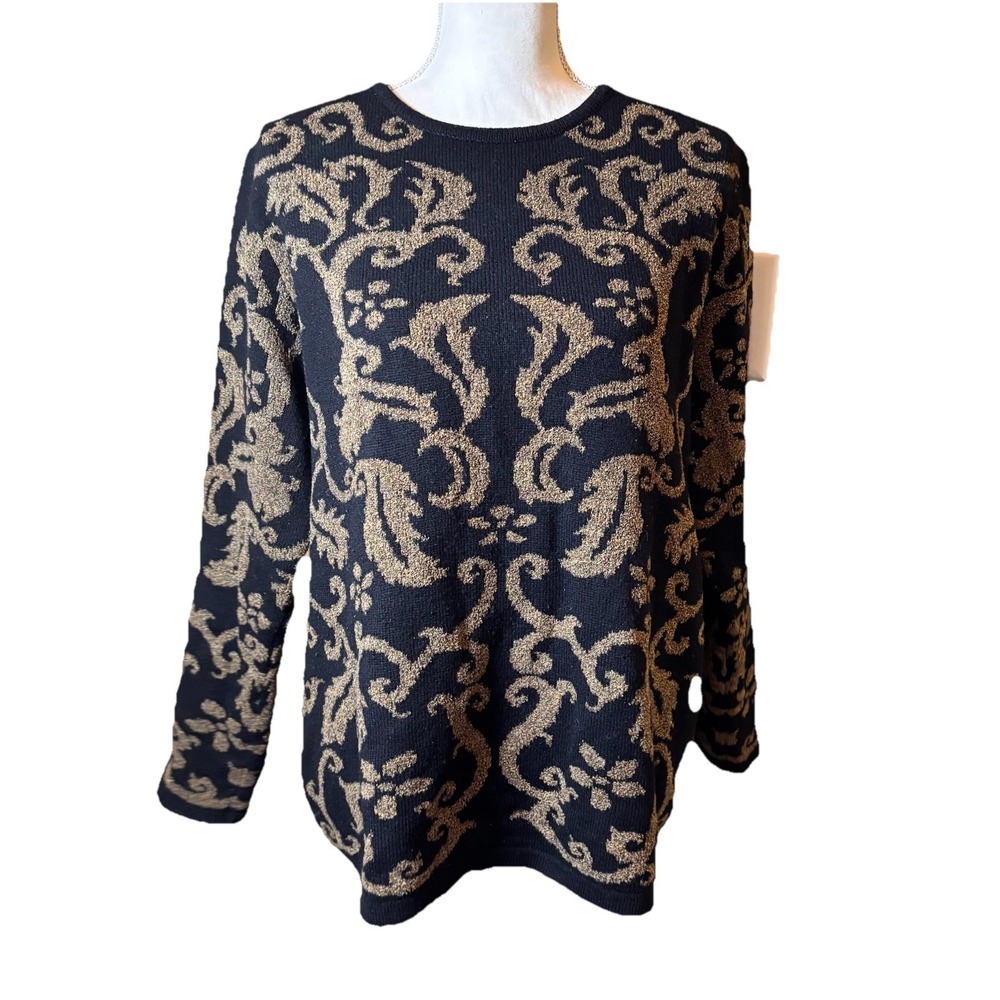 Jones‎ New York Country Sweater Large Black Gold Metallic Damask Knit Pullover